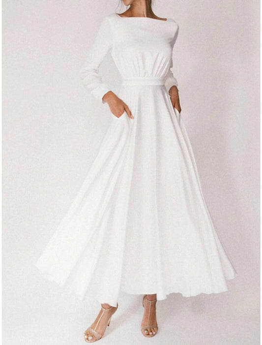 Bridal Shower Simple Wedding Dresses A-Line Square Neck Long Sleeve Ankle Length Chiffon Bridal Gowns With Pleats Summer Wedding Party