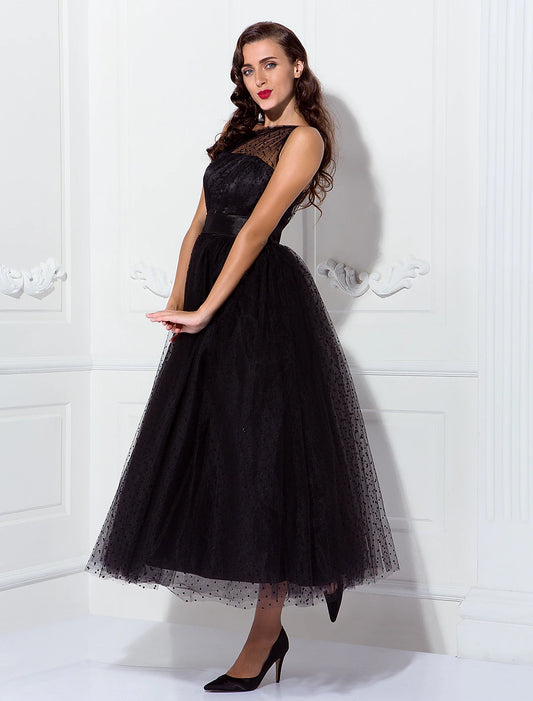 A-Line Cocktail Dresses 1950s Dress Wedding Guest Ankle Length Sleeveless One Shoulder Wednesday Addams Family Tulle with Pleats Pattern / Print