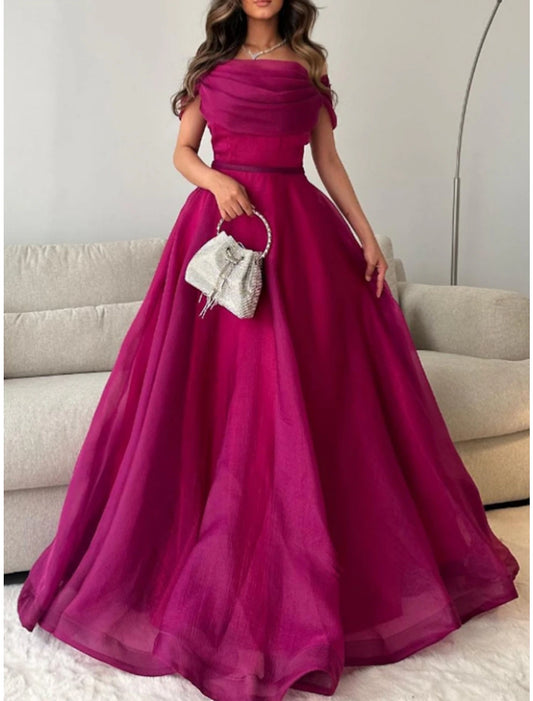 A-Line Prom Dresses Elegant Dress Formal Sweep / Brush Train Short Sleeve Off Shoulder Tulle with Pleats Ruched