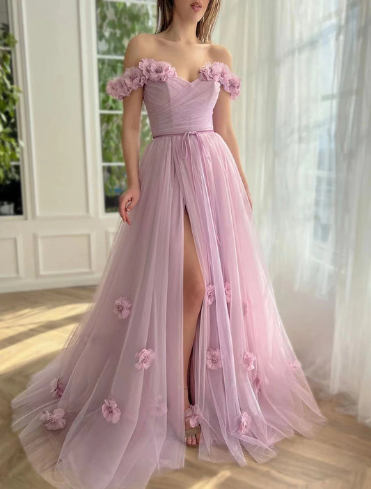 A-Line Evening Gown Empire Dress Wedding Guest Prom Floor Length Short Sleeve Sweetheart Cotton Backless with Slit Appliques Strappy