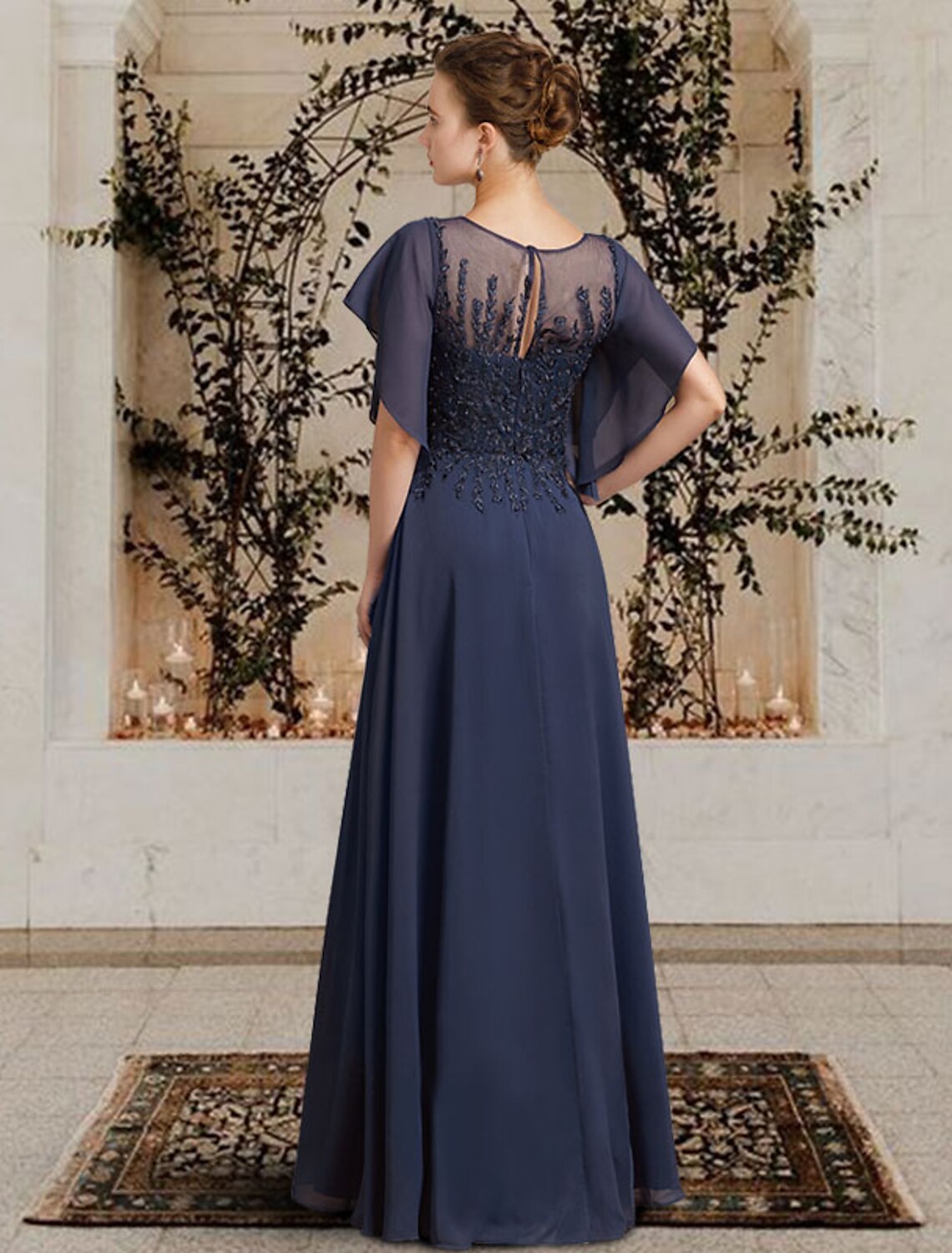 A-Line Mother of the Bride Dress Elegant Jewel Neck Floor Length Chiffon Lace Short Sleeve with Beading Appliques