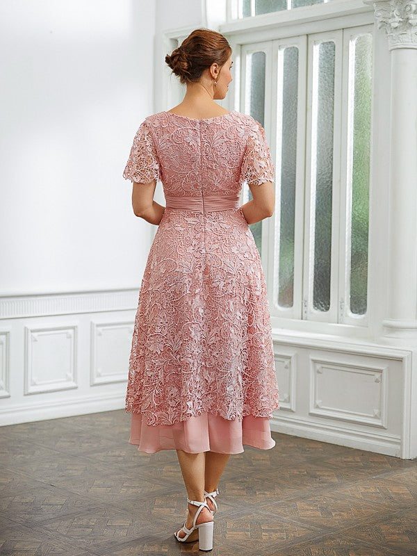 A-Line/Princess Chiffon Applique V-neck Short Sleeves Tea-Length Dress ...