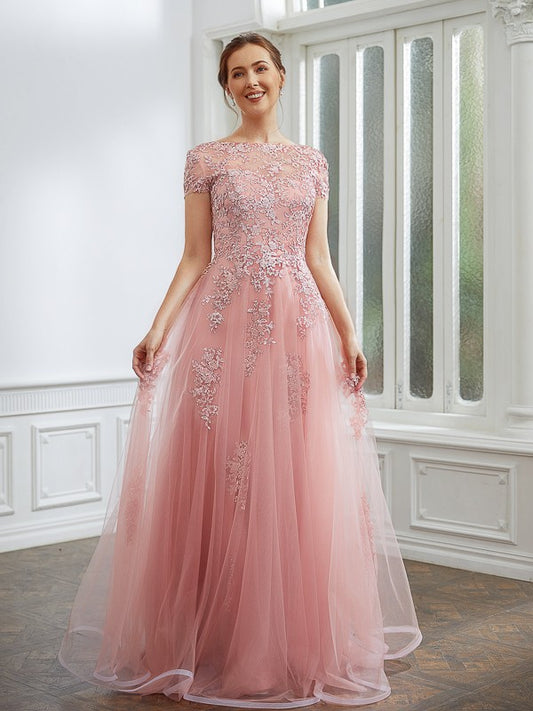 A-Line/Princess Tulle Applique Bateau Short Sleeves Floor-Length Dresses