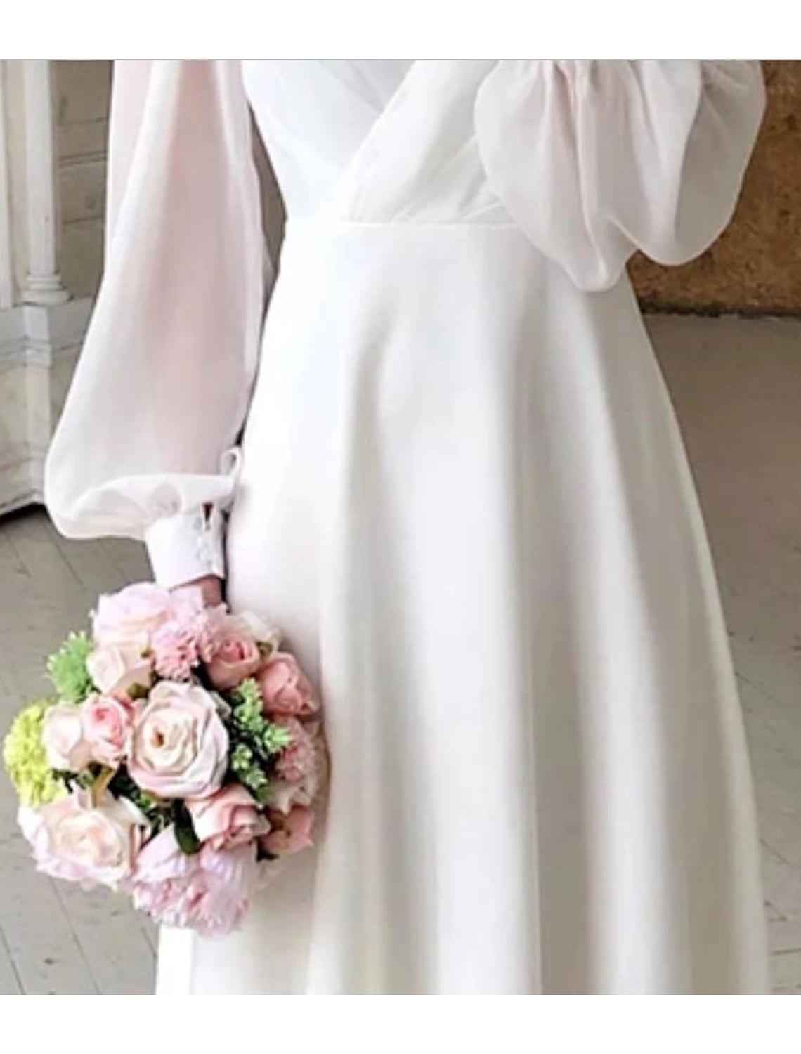 Simple Wedding Dresses Little White Dresses A-Line V Neck For Wedding Reception Lantern Sleeve Ankle Length Chiffon Bridal Shower Gowns With Solid Color