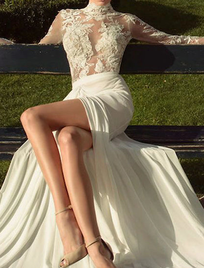 Beach Wedding Dresses A-Line High Neck Long Sleeve Court Train Chiffon Bridal Gowns