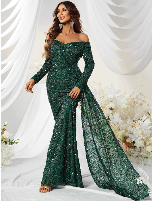 Mermaid / Trumpet Evening Party Dress Sparkle & Shine Dress Formal Sweep / Brush Train Long Sleeve Off Shoulder Polyester with Sequin