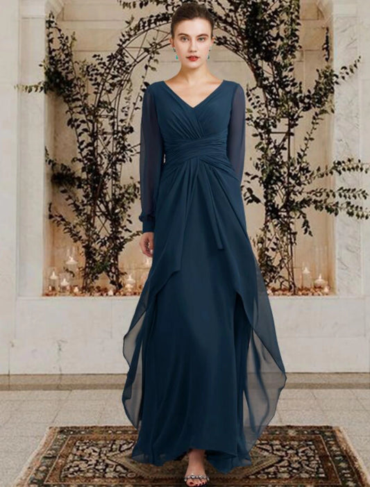 A-Line Mother of the Bride Dress Wedding Guest Plus Size Elegant V Neck Floor Length Chiffon Long Sleeve with Ruched Ruffles Side-Draped Fall