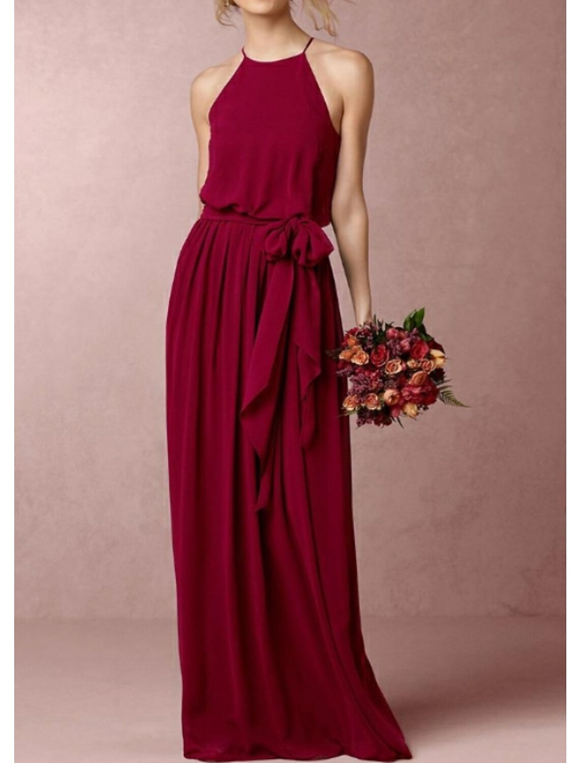 A-Line Bridesmaid Dress Halter Neck Sleeveless Elegant Floor Length Chiffon with Bow(s)