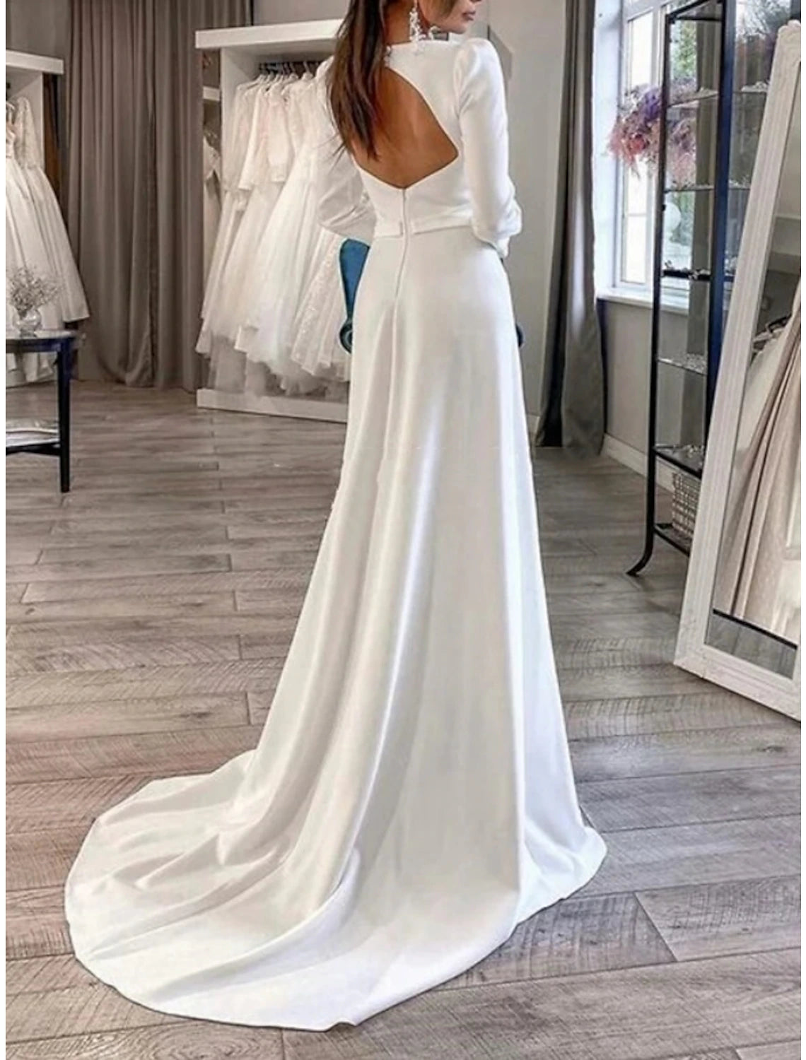 Formal Wedding Dresses Sheath / Column Sweetheart Long Sleeve Court Train Satin Bridal Gowns With Pleats Split Front