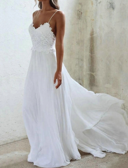 Beach Sexy Boho Wedding Dresses A-Line Sweetheart Camisole Spaghetti Strap Sweep / Brush Train Chiffon Bridal Gowns With Pleats