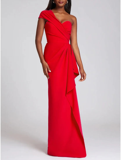 A-Line Evening Gown Elegant Dress Formal Birthday Floor Length Sleeveless One Shoulder Chiffon with Pleats Ruched Ruffles