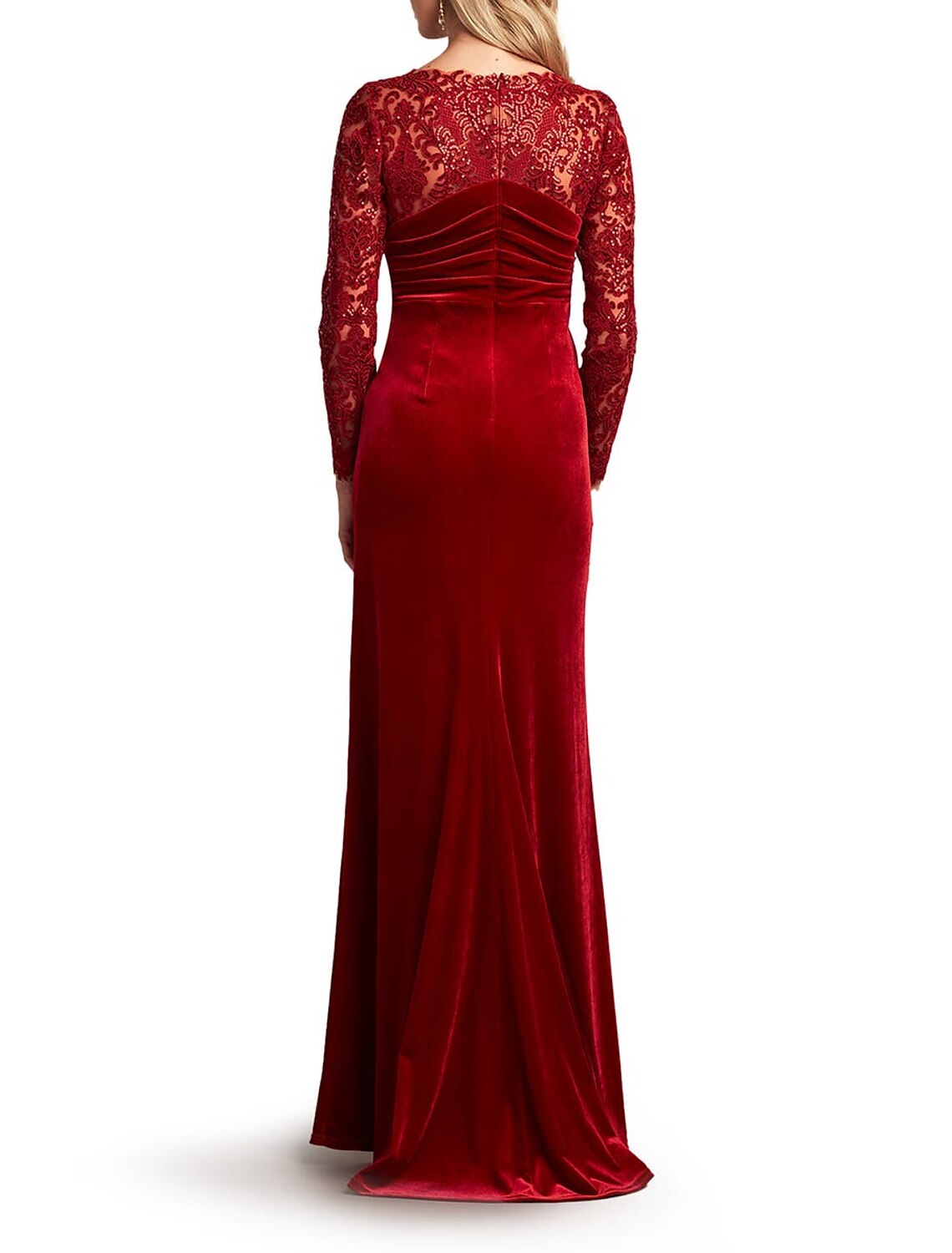 A-Line Mother of the Bride Dress Formal Wedding Guest Party Elegant Scoop Neck Floor Length Lace Sequined Velvet Long Sleeve with Ruched Appliques