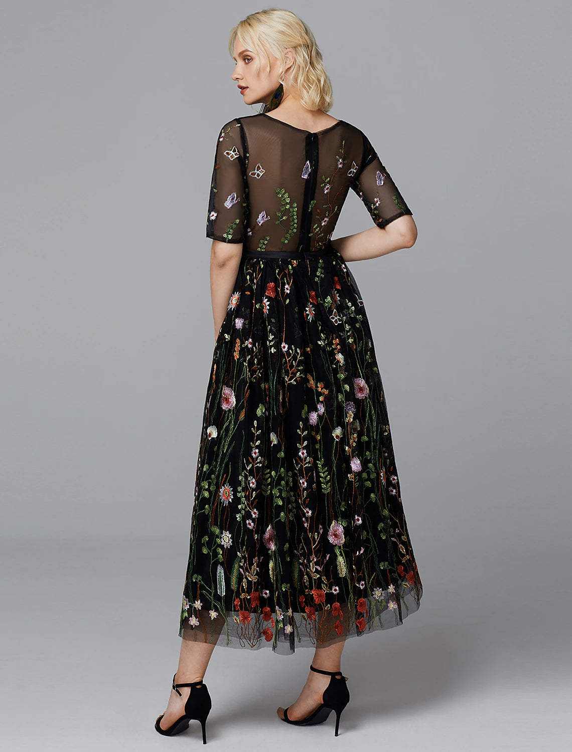 A-Line Floral Dress Holiday Tea Length Half Sleeve Illusion Neck Lace with Embroidery Appliques