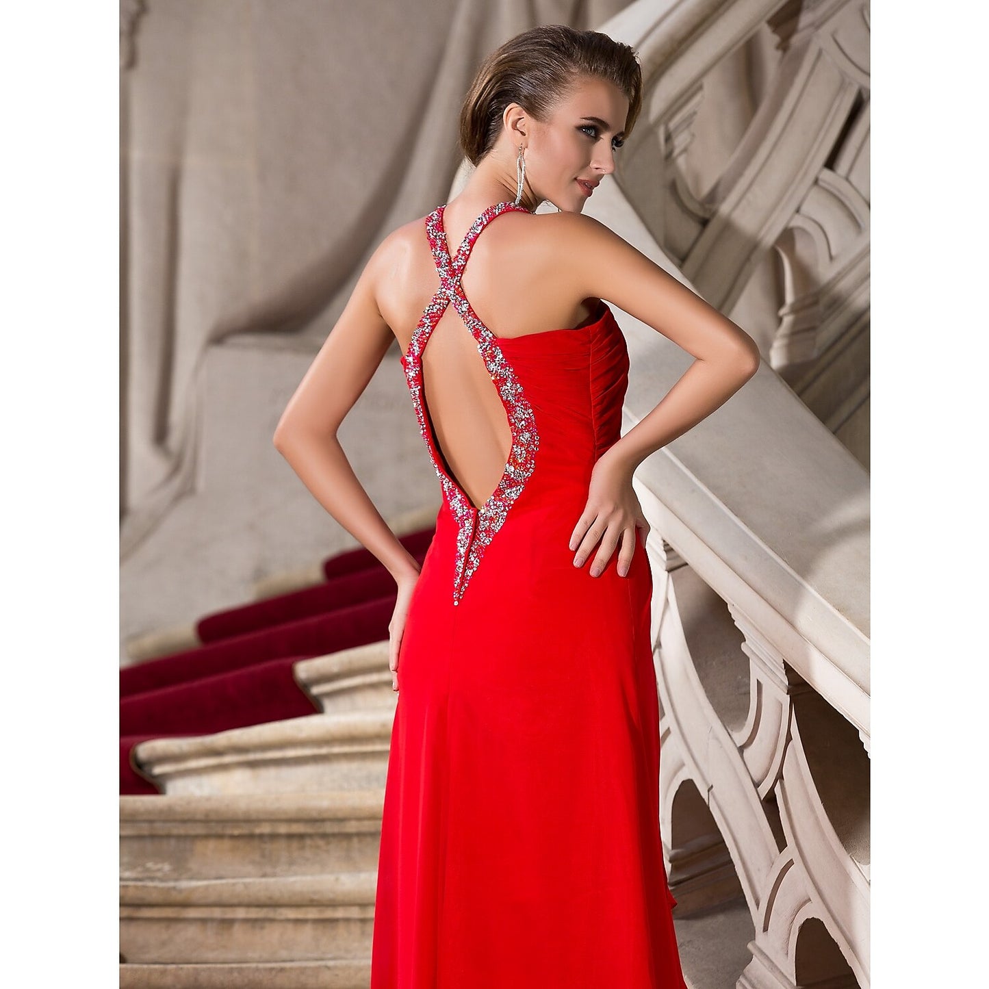 A-Line Celebrity Style Dress Formal Evening Floor Length Sleeveless Plunging Neck Chiffon with Beading