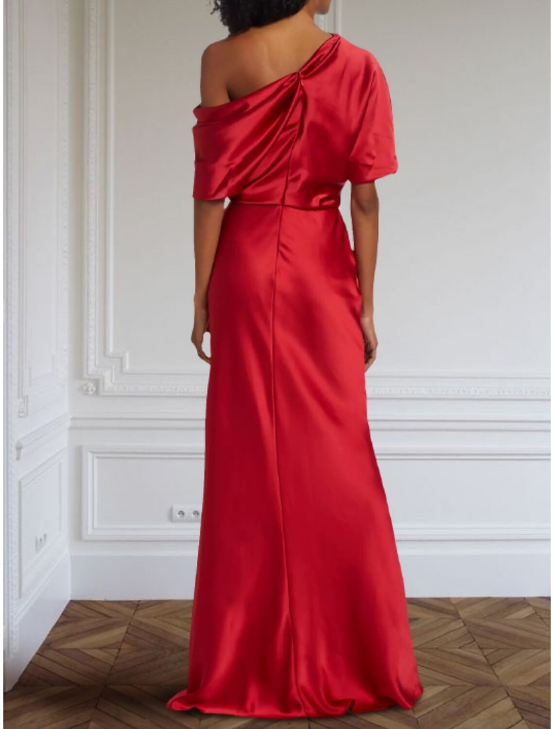 Sheath / Column Formal Evening Gown Elegant Dress Formal Floor Length Half Sleeve Off Shoulder Satin with Pleats Ruched