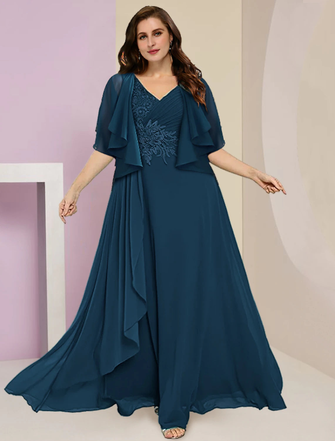 Two Piece A-Line Mother of the Bride Dress Formal Wedding Guest Elegant V Neck Floor Length Chiffon Lace Sleeveless with Ruched Appliques
