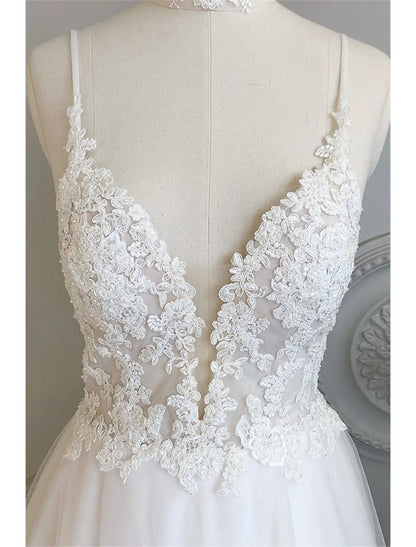 Beach Wedding Dresses A-Line Sweetheart Camisole Spaghetti Strap Court Train Lace Bridal Gowns With Buttons Appliques  Summer Wedding Party, Women's Clothing