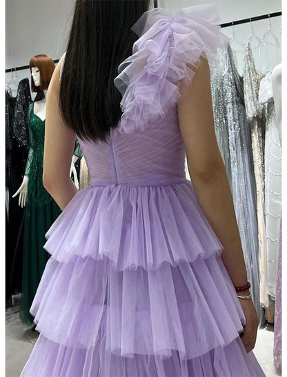 A-Line Prom Dresses Sparkle & Shine Dress Quinceanera Birthday Floor Length Sleeveless V Neck Tulle V Back with Ruched
