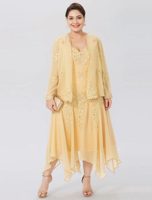A-Line Mother of the Bride Dress Formal Plus Size Elegant High Low V Neck Asymmetrical Chiffon Beaded Lace Long Sleeve Wrap Included with Beading Appliques