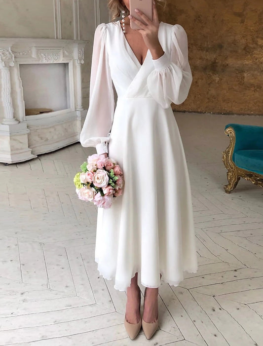 Simple Wedding Dresses Little White Dresses A-Line V Neck For Wedding Reception Lantern Sleeve Ankle Length Chiffon Bridal Shower Gowns With Solid Color