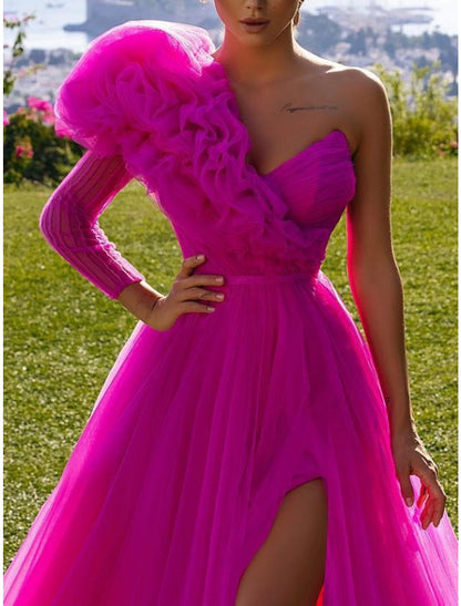 Ball Gown Prom Dresses Elegant Dress Prom Birthday Sweep / Brush Train Long Sleeve One Shoulder Tulle with Ruffles Slit