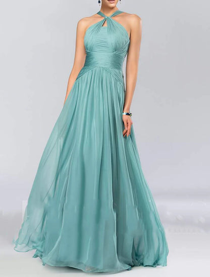 A-Line Bridesmaid Dress Halter Neck Sleeveless Elegant Floor Length Chiffon with Pleats / Draping