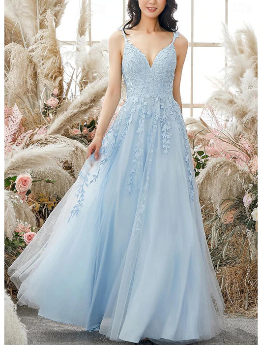 Sheath / Column Prom Dresses Elegant Dress Formal Prom Floor Length Sleeveless Spaghetti Strap Tulle with Appliques