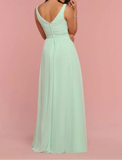 A-Line Bridesmaid Dress Straps / Plunging Neck / V Neck Sleeveless Open Back Floor Length Chiffon / Shantung / Imitated Silk with Pleats / Draping / Ruching