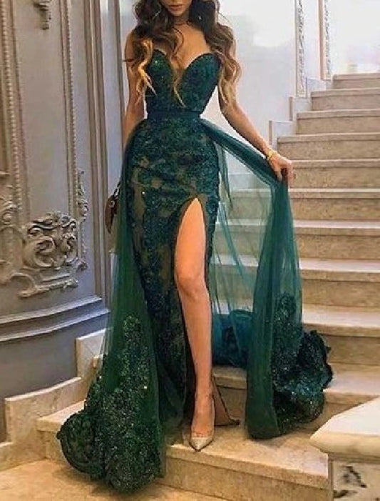 Mermaid Prom Dresses Emerald Green Dress Red Green Dress Wedding Guest Court Train Sleeveless Strapless Tulle with Slit Appliques