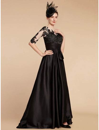 A-Line Mother of the Bride Dress Wedding Guest Elegant Party Jewel Neck Sweep / Brush Train Satin Lace Half Sleeve with Split Front Ruching Solid Color