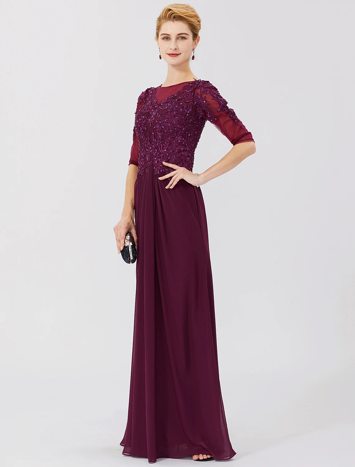 Sheath / Column Mother of the Bride Dress Formal Classic & Timeless Elegant & Luxurious See Through Illusion Neck Floor Length Chiffon Beaded Lace 3/4 Length Sleeve No with Pleats Beading