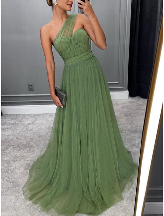 A-Line Evening Gown Elegant Dress Formal Sweep / Brush Train Christmas Red Green Dress Sleeveless One Shoulder Tulle with Pleats Ruched