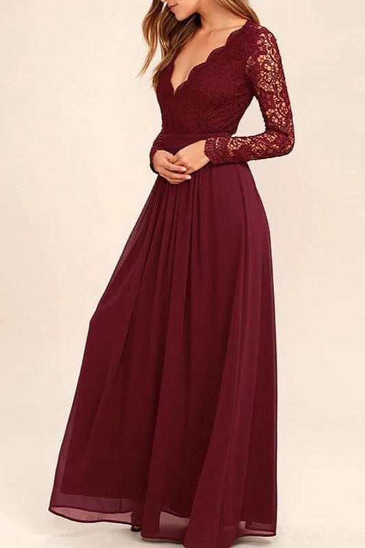 Mature V-neck long sleeved deep Burgundy lace chiffon ball evening gown