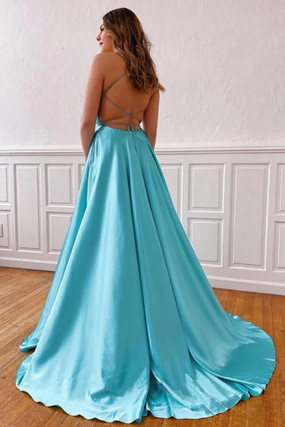 V-neck Sleeveless Split Tiffany Blue Cross Back Evening Dress