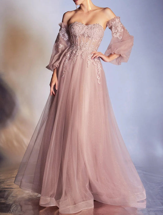 A-Line Prom Dresses Elegant Dress Formal Prom Floor Length 3/4 Length Sleeve Off Shoulder Lace Backless with Appliques