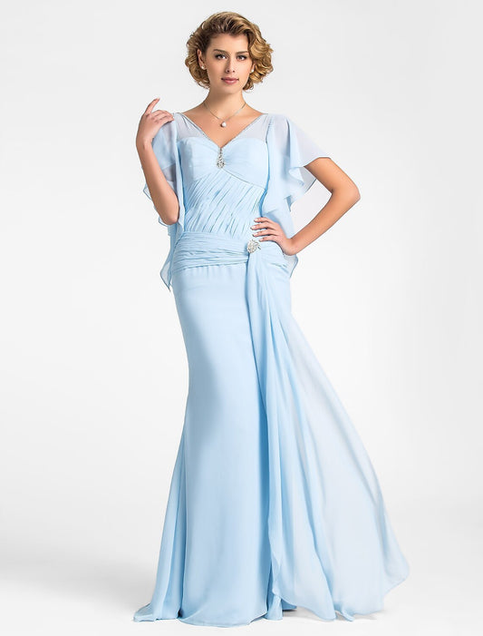 Mermaid / Trumpet Mother of the Bride Dress Vintage Inspired V Neck Floor Length Chiffon Short Sleeve with Beading Side Draping Crystal Brooch/ Butterfly Sleeve