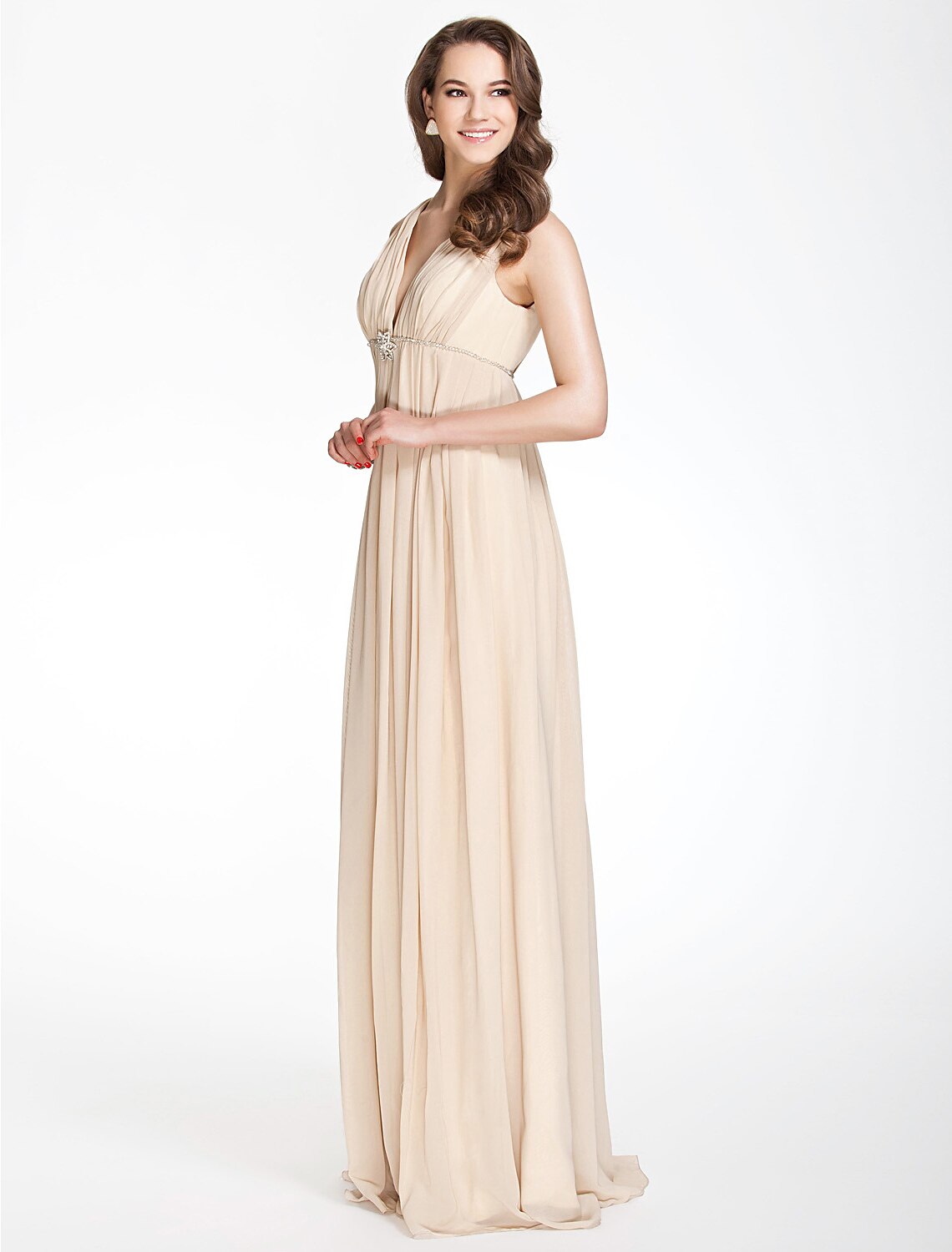 A-Line Bridesmaid Dress V Neck Sleeveless Beautiful Back Floor Length Chiffon with Pleats / Beading / Draping