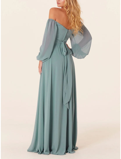 A-Line Bridesmaid Dress Square Neck Long Sleeve Elegant Sweep / Brush Train Chiffon with Split Front / Ruching
