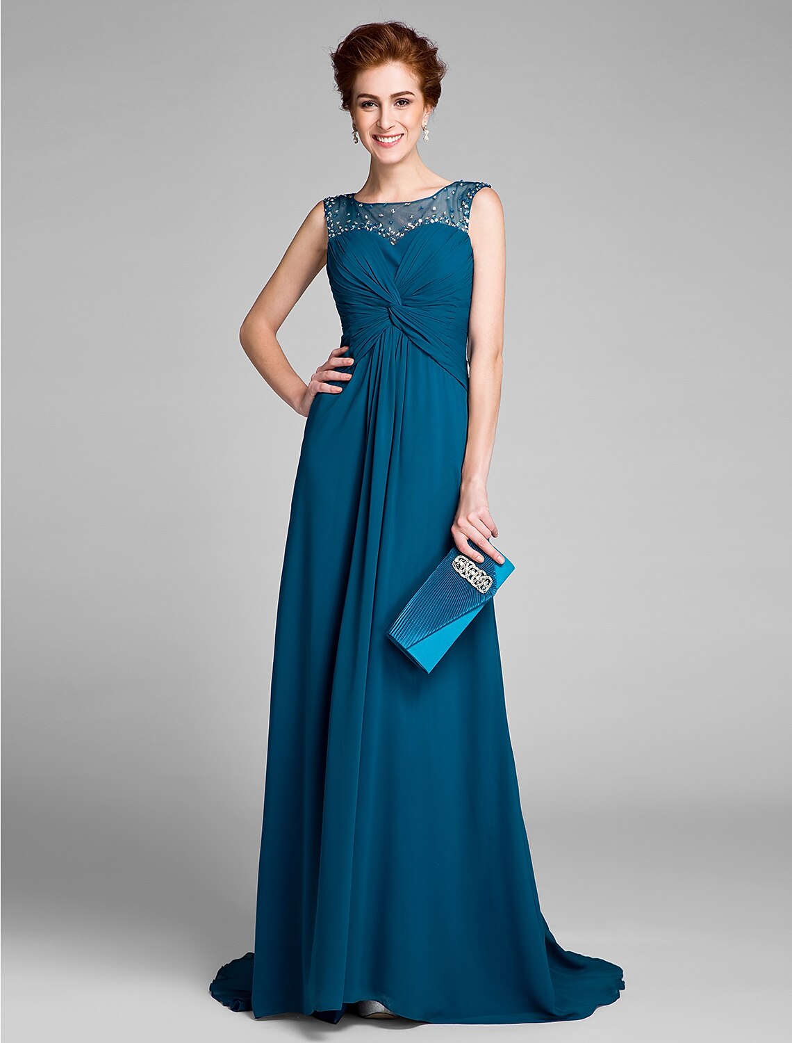 Sheath / Column Scoop Neck Sweep / Brush Train Chiffon Mother of the Bride Dress with Beading / Criss Cross