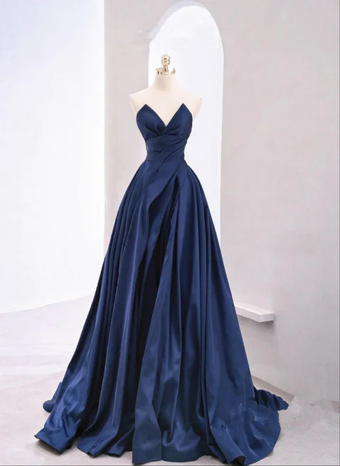 Navy blue sheer off shoulder sleeveless long party dress, navy blue A-line satin off shoulder strap and floor length evening dress