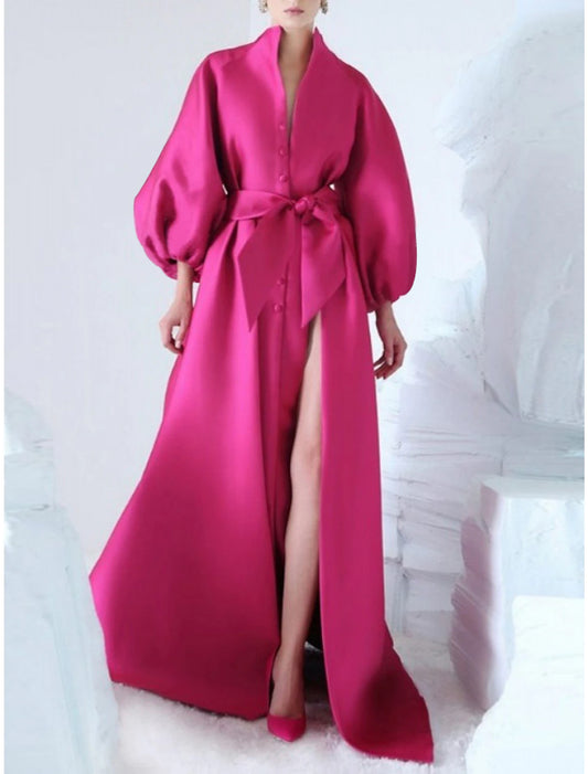 A-Line Evening Gown Elegant Dress Formal Sweep / Brush Train Long Sleeve V Neck Satin with Bow(s) Sequin Slit