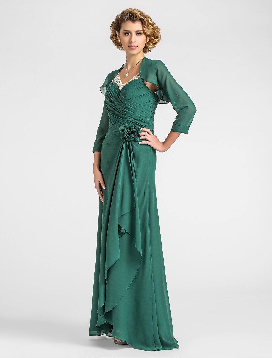 Sheath / Column Mother of the Bride Dress V Neck Floor Length Chiffon Sleeveless with Criss Cross Beading Draping