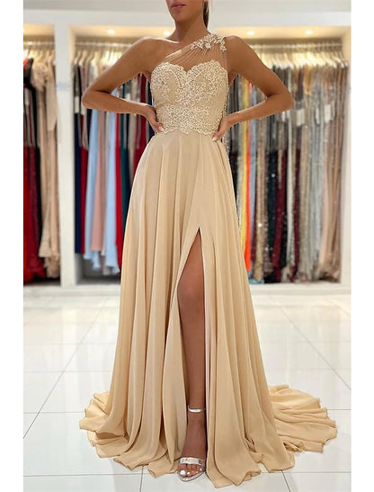 A-Line Prom Dresses Sexy Dress Formal Wedding Guest Court Train Sleeveless One Shoulder Chiffon with Slit Appliques