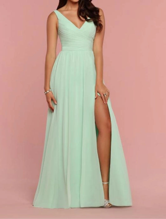 A-Line Bridesmaid Dress Straps / Plunging Neck / V Neck Sleeveless Open Back Floor Length Chiffon / Shantung / Imitated Silk with Pleats / Draping / Ruching