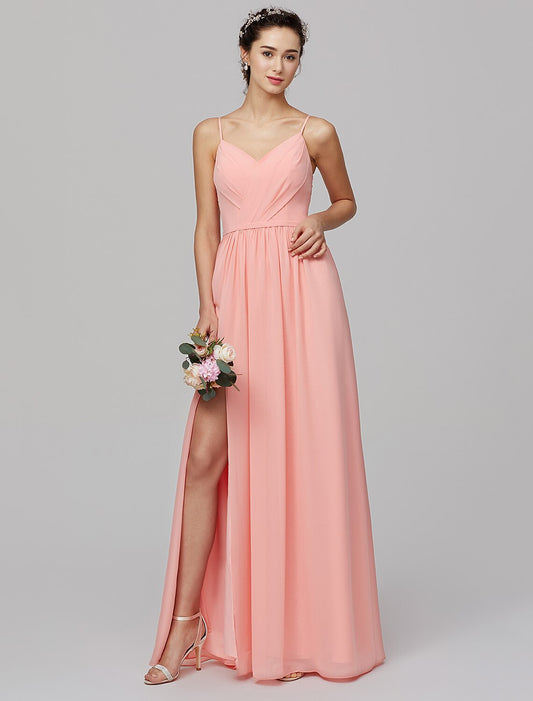 A-Line Spaghetti Strap Floor Length Chiffon Bridesmaid Dress with Criss Cross / Split Front