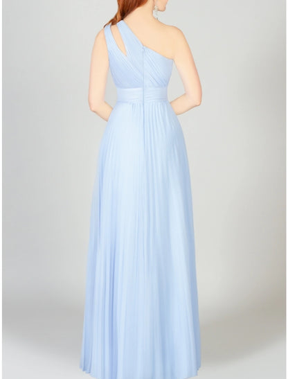 A-Line Bridesmaid Dress One Shoulder Sleeveless Blue Floor Length Chiffon with Ruching