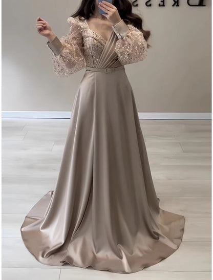 A-Line Evening Gown Elegant Dress Formal Fall Sweep / Brush Train Long Sleeve V Neck Satin with Glitter Pleats Strappy