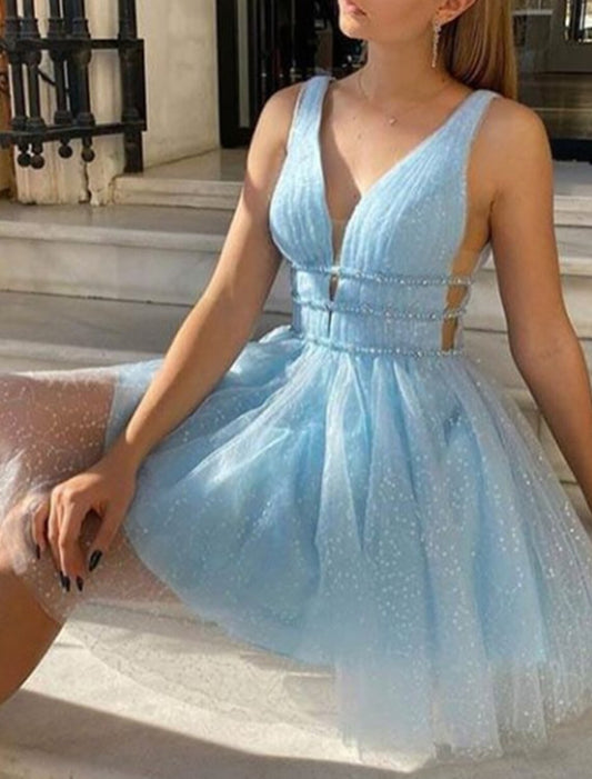 A-Line Homecoming Dresses Sleeveless Sparkle & Shine Dress Party Dress Knee Length V Neck Tulle With Sequin Pure Color
