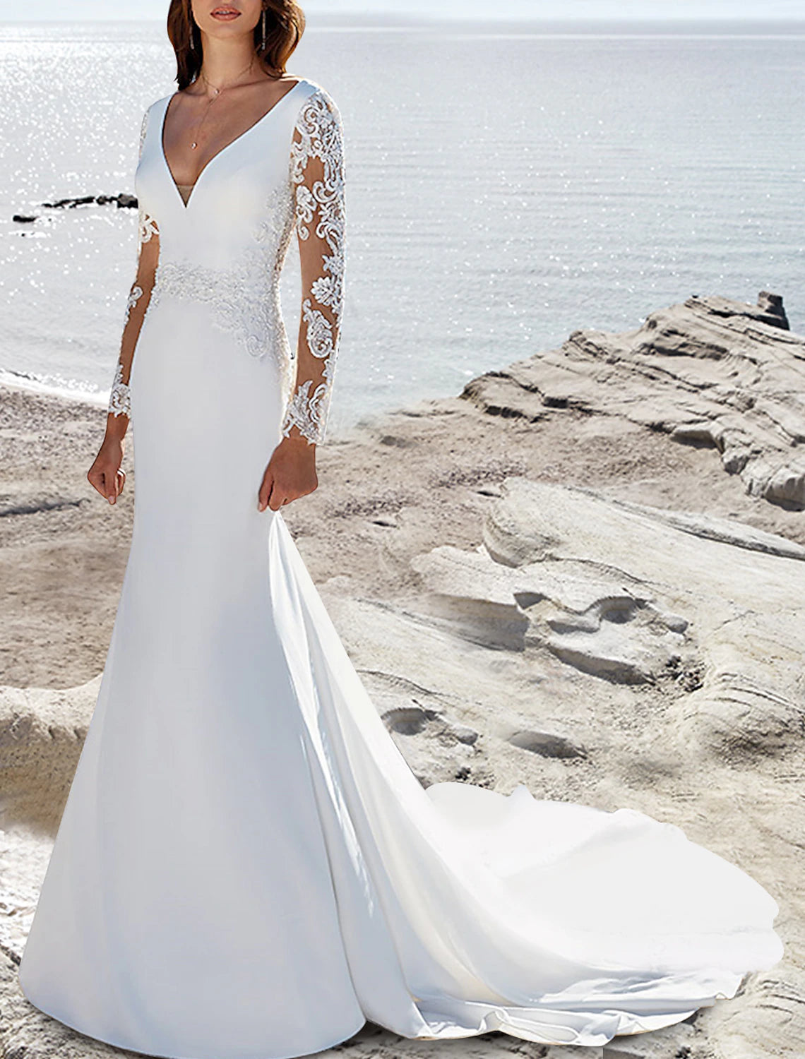 Beach Formal Wedding Dresses Mermaid / Trumpet V Neck Long Sleeve Court Train Satin Bridal Gowns With Pleats Solid Color