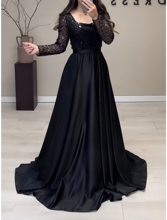 A-Line Evening Gown Elegant Dress Formal Sweep / Brush Train Long Sleeve Square Neck Satin with Glitter Pleats